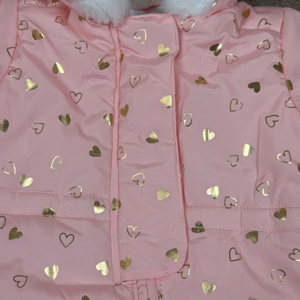 NWT The Children’s Place Pink Gold Metallic Hearts Bunting Snowsuit 0-3 Months